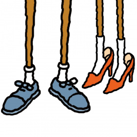 A cartoon drawing of two people's legs from the knees down, showing their feet and shoes. The feet on the left are wearing blue shoes with laces, the feet on the right are wearing red high-heels.