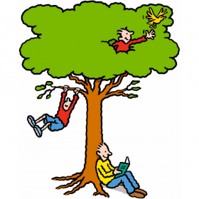 A cartoon drawing of a large tree, with a person sat against the trunk reading a book, a chid swinging off one of the lower branches, and another child appearing out of the leaves and holding out his hand towards a yellow bird.
