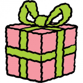 A cartoon drawing of a pink present with a green bow tied around it.