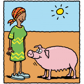 A cartoon drawing of a woman in a dry landscape looking down at a pig and smiling.