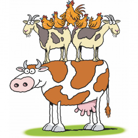 A cartoon drawing of a cow with two goats standing on its back and five chickens standing on the backs of the two goats.