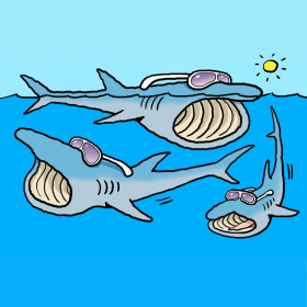 A cartoon of three basking sharks wearing sunglasses and swimming in the sea with their mouths open.