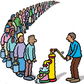 A cartoon drawing of a man moving the handle on a water pump, which is filling up a bucket with water. In front of the pump is a long queue of people waiting to receive water.