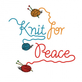 A cartoon drawing of three balls of yarn with a strand trailing out of each ball, each strand spells one word of 'Knit for Peace'. The first ball is blue, second orange and third red.