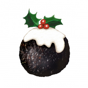 A drawing of a Christmas pudding with cream and a sprig of holly on top.
