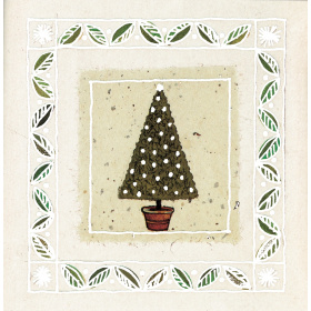 A drawing of a Christmas tree in a pot with a square border around it with green leaves.