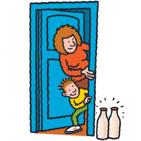 A cartoon drawing of a mother and her son poking their heads out of a blue door to see two bottles of milk in front of it.