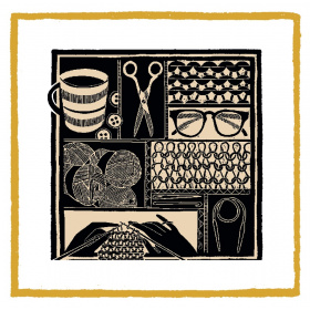 A square Christmas card with a black and white design of different drawings related to knitting: a pair of scissors, some close up stitching, some balls of yarn, a pair of hands knitting, a crochet hook.