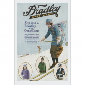 A rectangular Christmas card with an old-fashioned advert for knitwear. There is a drawing of a woman skiing, wearing a blue jacket and matching scarf and hat, with the words 'Bradley Knitwear' above and in front of her the words 'Slip into a Bradley - an