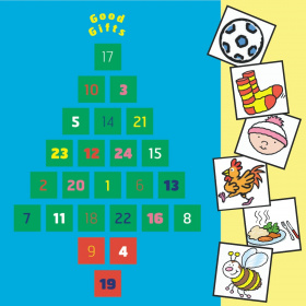 A blue advent calendar with 24 numbered squares in the shape of a Christmas tree, at the top are the words 'Good Gifts'. On the right hand side are six squares with cartoons in them, showing from top to bottom: a football, a pair of socks, a baby wearing 