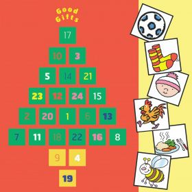 A red advent calendar with 24 numbered squares in the shape of a Christmas tree, at the top are the words 'Good Gifts'. On the right hand side are six squares with cartoons in them, showing from top to bottom: a football, a pair of socks, a baby wearing a