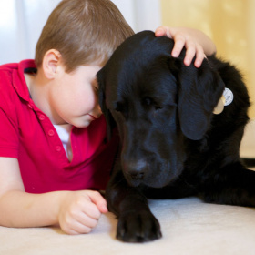 A picture of a young boy with his arm around a black dog, leaning his forehead against the dog's ear.