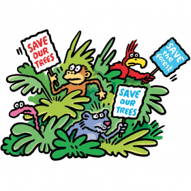 A cartoon of a green bush, with a snake, a monkey, a panther and a parrot poking their heads out of the leaves. The monkey and the panther are holding signs saying 'Save our trees' and the parrot is holding a sign saying 'Save the forest'.