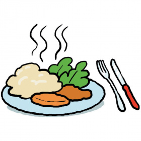 A cartoon drawing of a plate with food on it and steam rising, with a knife and fork next to the plate.