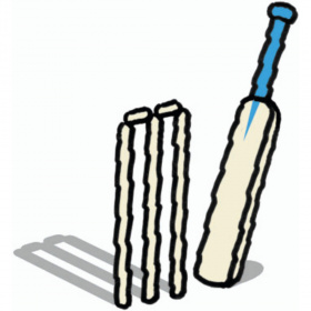 A cartoon drawing of a cricket bat and and stumps.