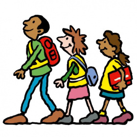 A cartoon drawing of three children walking in a line, with school bags on.