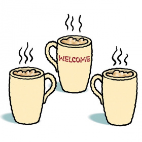 Cartoon drawing of three mugs with steam rising out of them. The middle mug says 'Welcome' on it.