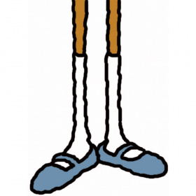 A cartoon drawing of a pair of legs from the knees downwards, showing  the feet wearing long white socks and a pair of blue shoes.