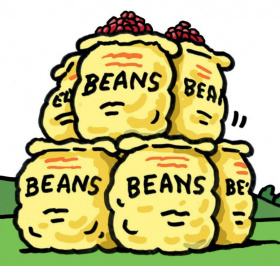 A cartoon of 6 sacks of beans piled on top of each other in a green field.