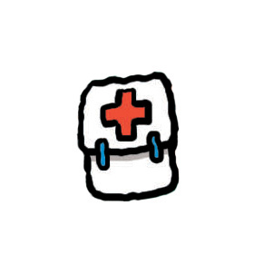 A cartoon drawing of a white first aid kit with a red cross on it.
