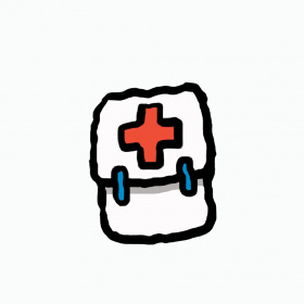 A cartoon drawing of a white first aid kit with a red cross on it.