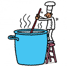 A cartoon of a chef standing on a step ladder stirring a giant blue pot.