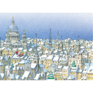 A rectangular Christmas card with a cartoon drawing of London from above with snow visible on the rooftops and a few Christmas trees visible. On the roof of one building you can see Father Christmas standing looking at the sky, with his sled next to him. 