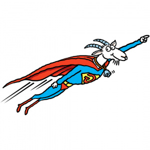 A cartoon drawing of a goat flying through the air wearing a superman costume and a bell around its neck.