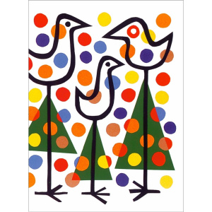 Picture 1: a rectangular Christmas card design with a white background, with 3 birds drawn in a black outline, and multicoloured spots dotted all over the card. The legs of the birds have green triangles behind them, that look like Christmas trees.
