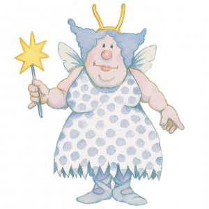 A cartoon drawing of a fairy wearing a spotted dress, with small wings on her back and holding a wand with a star on it in one hand.