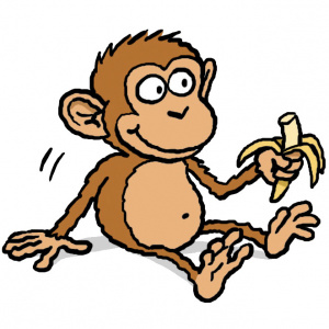 A cartoon drawing of a monkey sitting down and holding a half eaten banana in one hand.