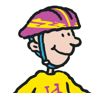 A cartoon drawing of a teenage boy wearing a purple and yellow bike helmet and smiling. 