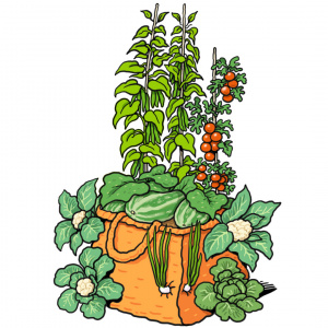 A cartoon drawing of a basket overflowing with green vegetables, and vines growing out of the top.