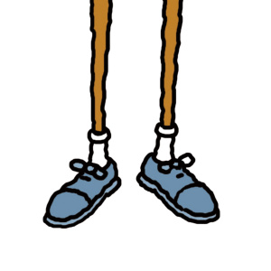 A cartoon drawing of a person's legs from the knees down, they are wearing blue shoes with white socks.