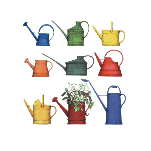 A drawing with a white background and 3 rows of colourful watering cans.