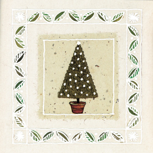 A drawing of a Christmas tree in a pot with a square border around it with green leaves.