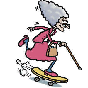 A cartoon drawing of an old lady with a walking stick riding a skateboard.