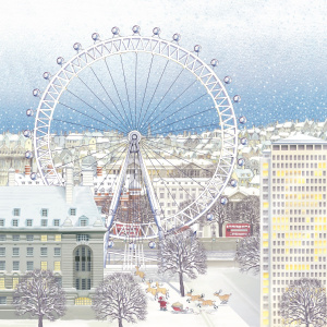 A square Christmas card with a drawing of the London skyline on it, with the London Eye near the front. It is snowing and there is snow on the roofs. At the bottom you can see Father Christmas next to his slay, watching as his reindeer run towards the Lon