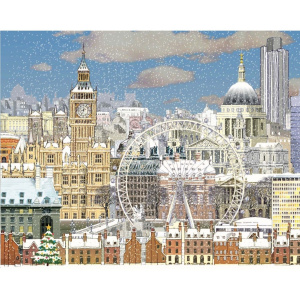 Picture 1: A section of the Christmas card showing a cartoon drawing of the London skyline in the snow. Big Ben, the London Eye and St Paul's Cathedral are all visible.