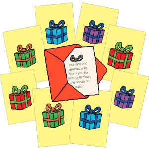 A cartoon showing 8 Little Good Gifts cards with a different coloured present on each one. In the middle is a little red envelope with the message of one of the gift cards sticking out.