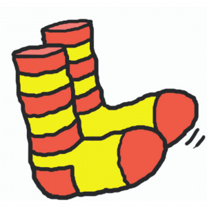A cartoon drawing of red and yellow striped socks.