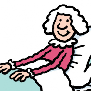 A cartoon drawing of an elderly lady in pink pyjamas sitting up in bed and smiling.
