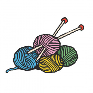 A cartoon drawing of four balls of yarn in different colours, with a pair of knitting needles sticking out of one of the balls.