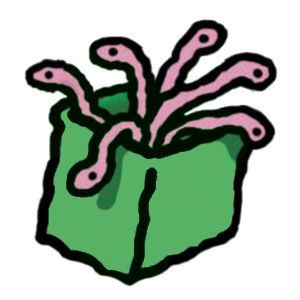 A cartoon drawing of a green box with worms coming out of the top.