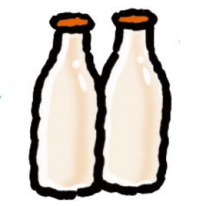 A cartoon drawing of two glass bottles of milk.