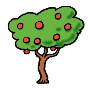A cartoon drawing of a tree with red fruit on it.
