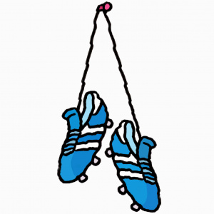 A cartoon drawing of a pair of blue football boots hanging from a hook by the laces.