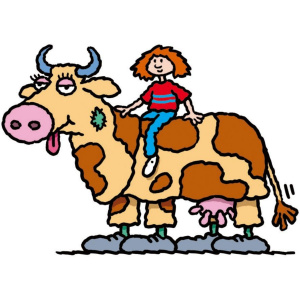 A cartoon drawing of a young girl sitting on the back of a pantomime cow.