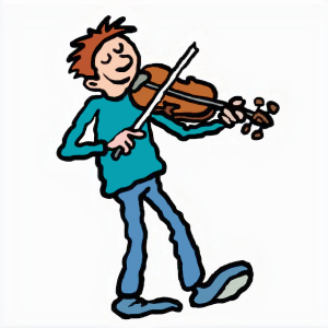 A cartoon drawing of a boy playing the violin, his eyes are closed and he is smiling.
