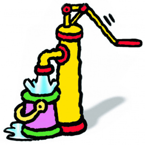 cartoon of water being pumped into bucket